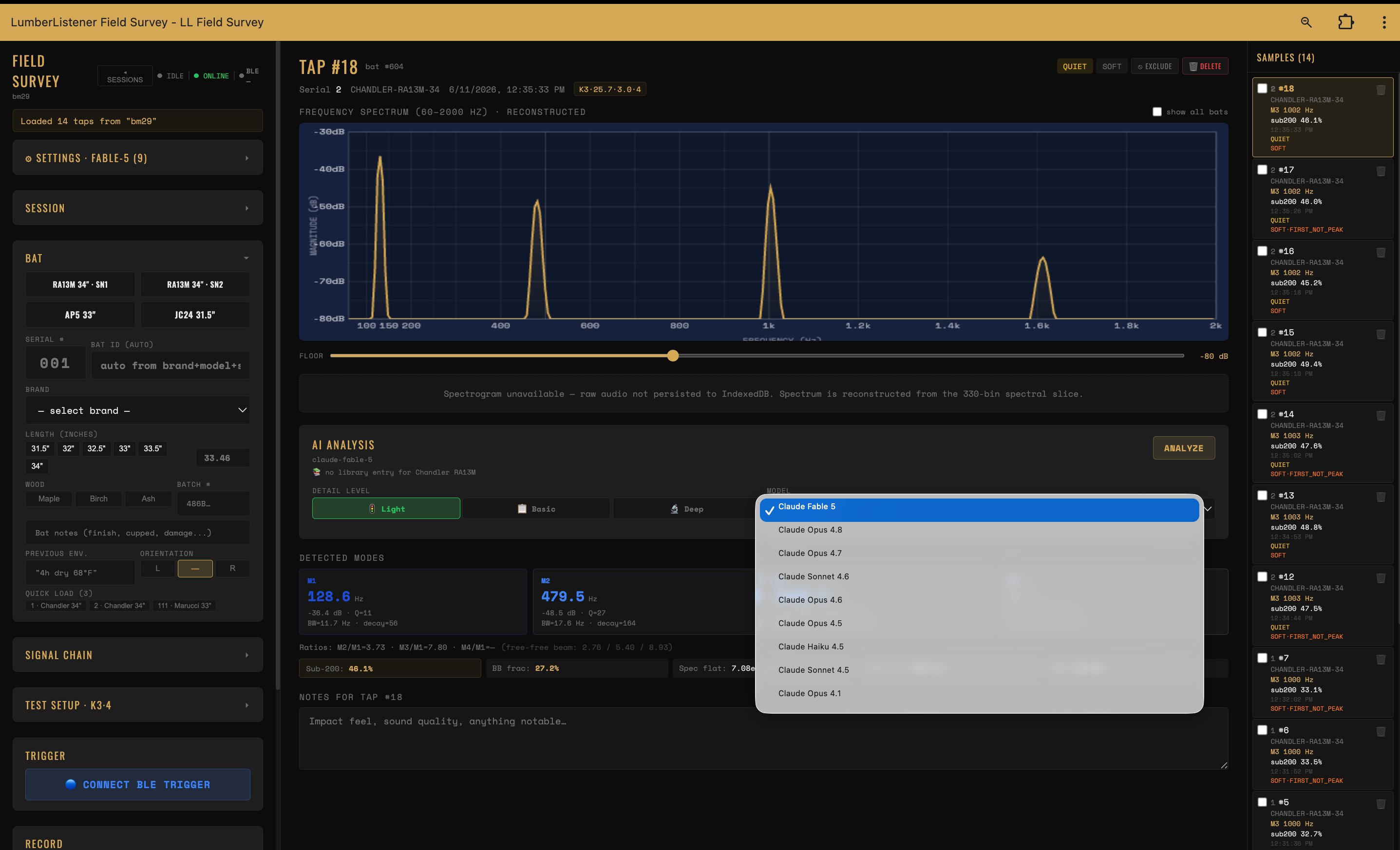 LumberListener Field Survey — live tap analysis of a Chandler RA13M bat: reconstructed frequency spectrum, detected modes, and a session of samples.